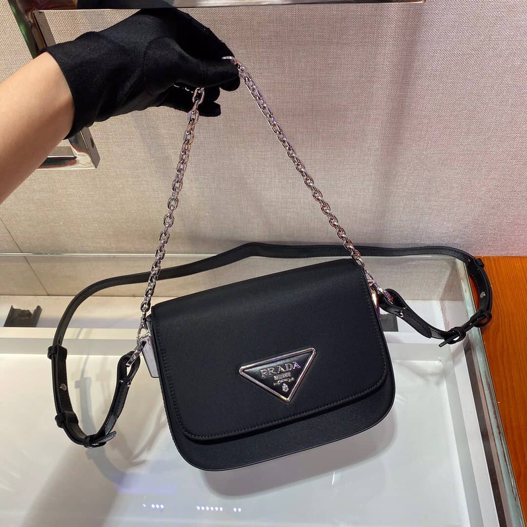Prada Enamel Triangular Motif Shoulder Bag In Black
