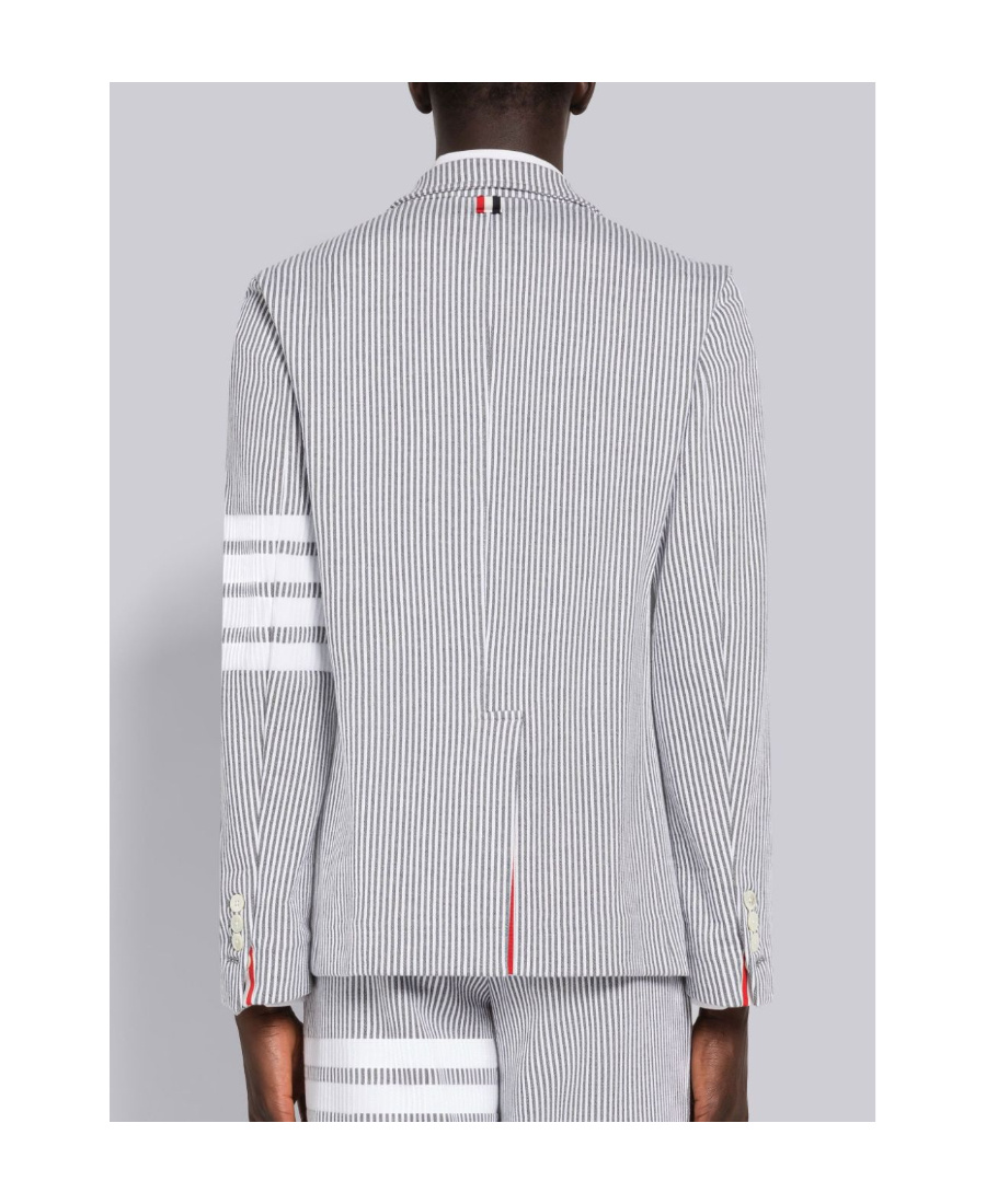 Shop Thom Browne 4-bar Seersucker Single-breasted Blazer In Gray