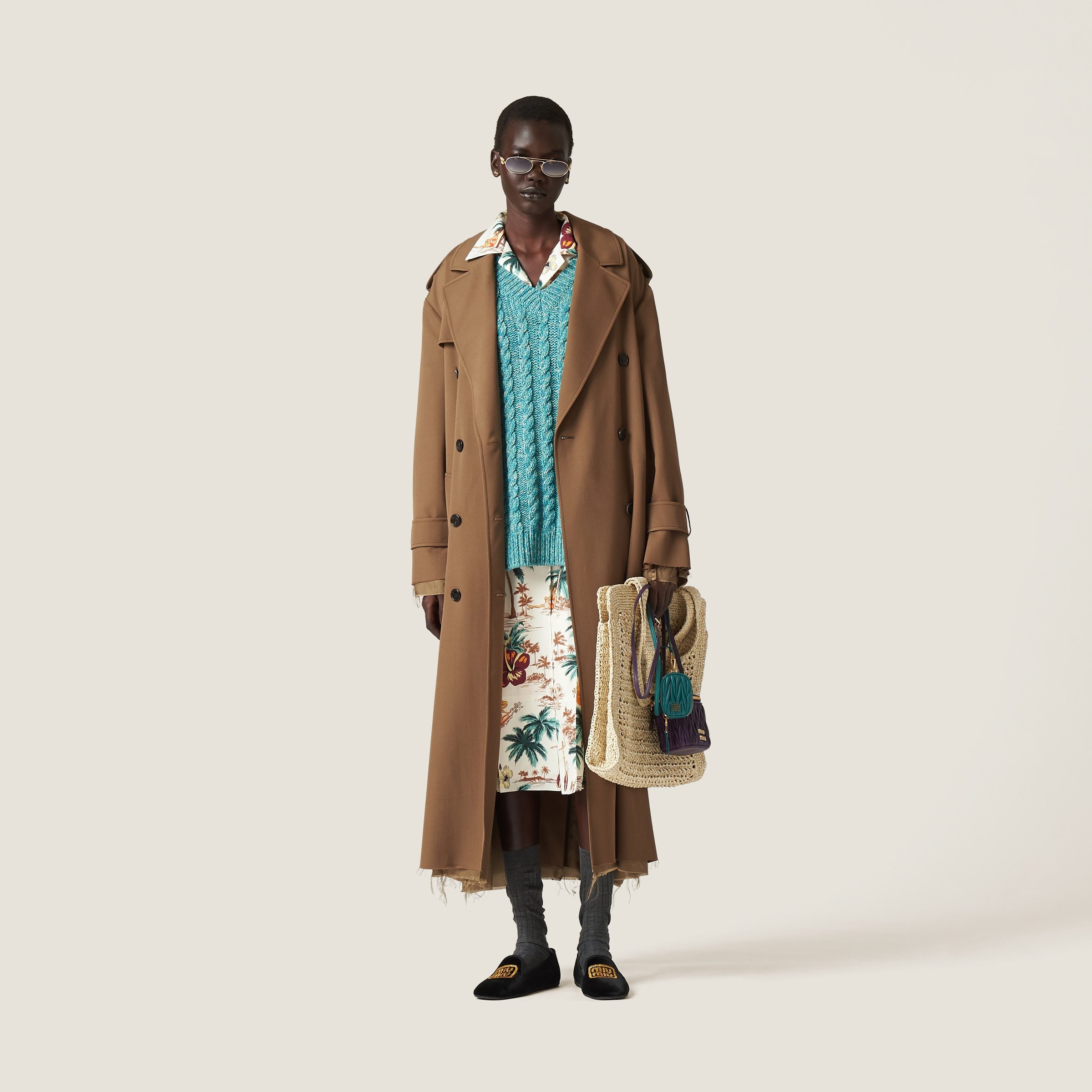Miu Miu Double-breasted Gabardine Coat In Brown