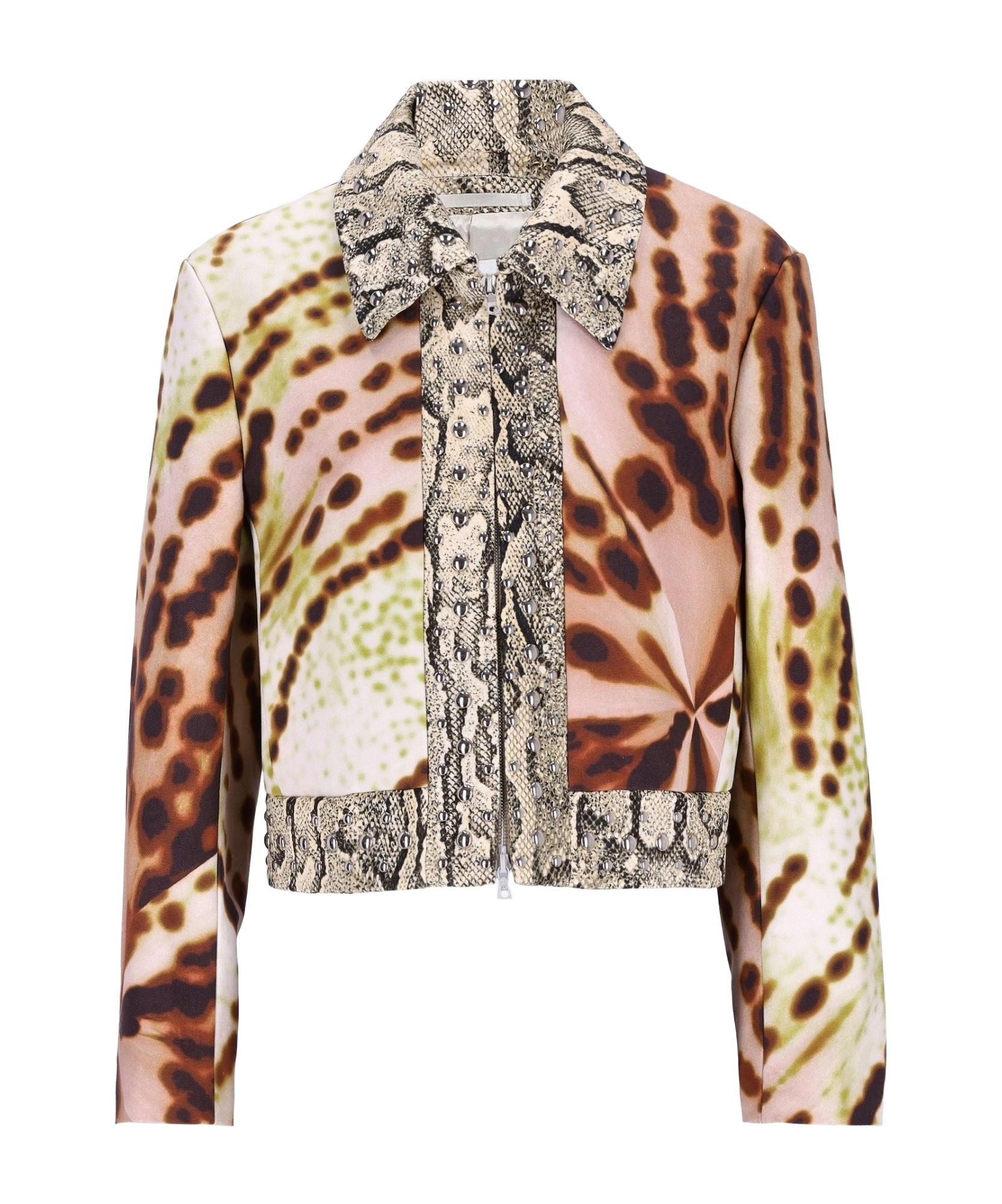 Dries Van Noten Vurano Studded Multi-print Zip Jacket In Nude