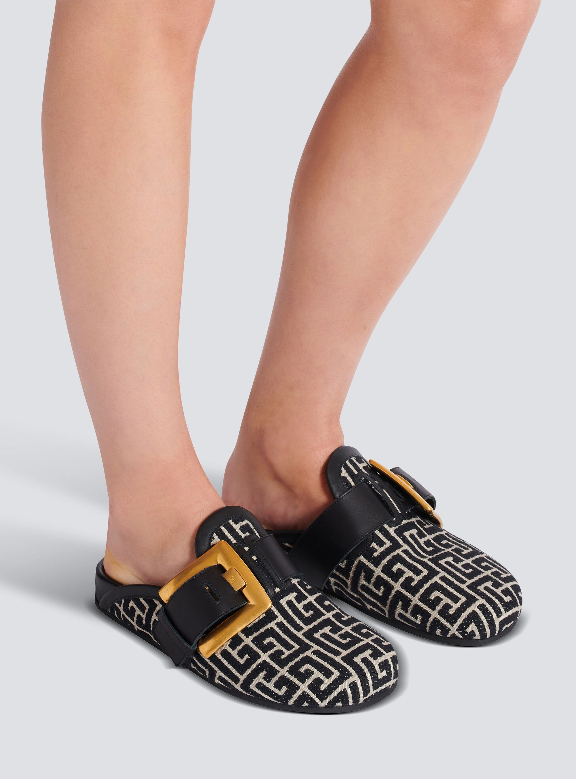 Balmain Anthem Mules In Jacquard Canvas With Pb Monogram In Black
