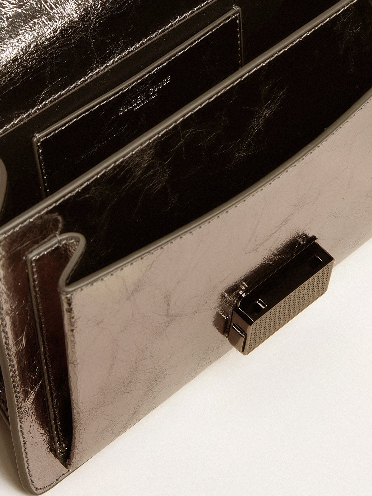 GOLDEN GOOSE VENEZIA BAG IN ANTHRACITE-GRAY METALLIC LEATHER WITH BLACK DETAILS 