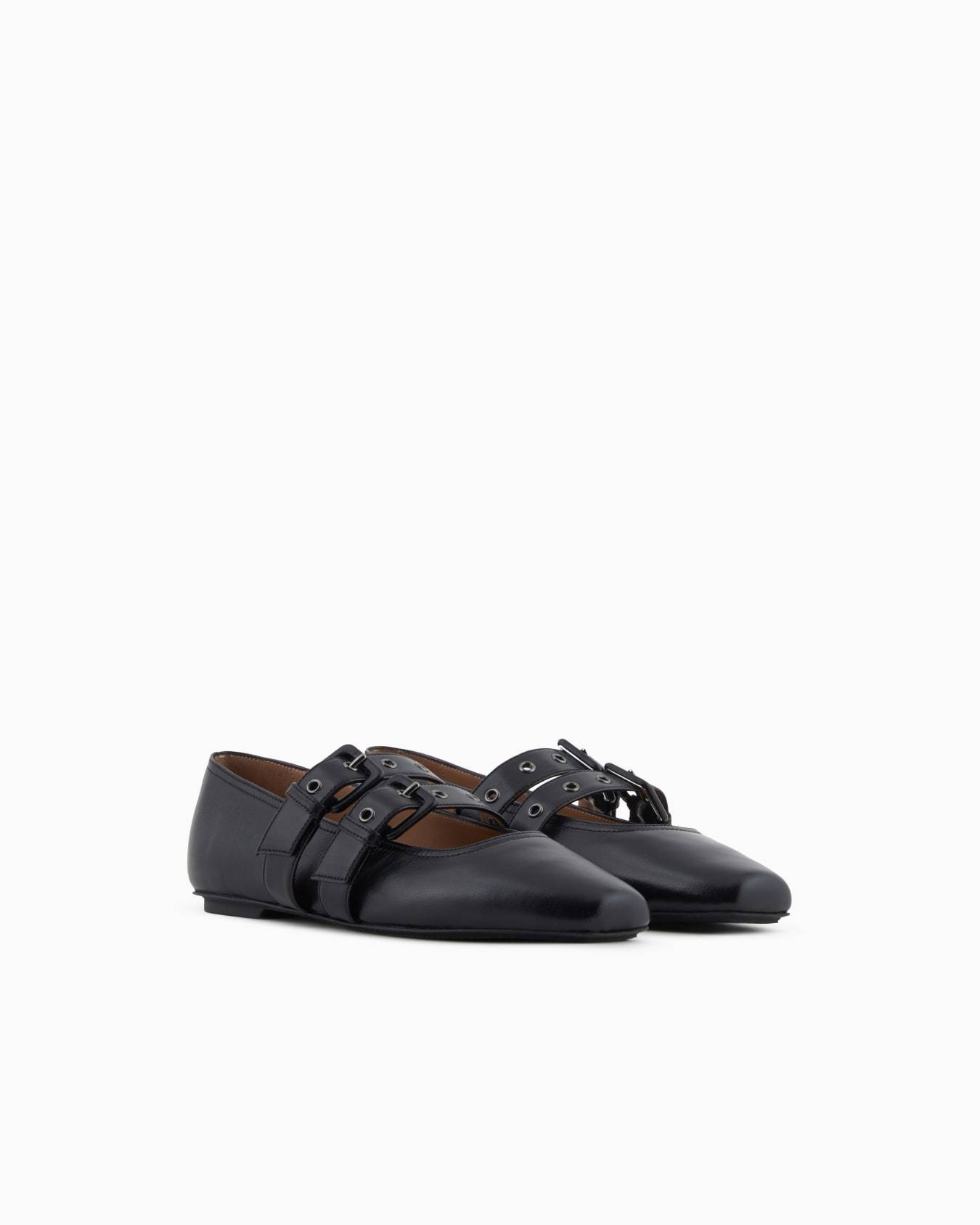 Emporio Armani Nappa-leather Square-toed Ballerinas With Double Strap In Black