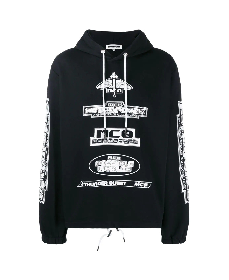 Mcq By Alexander Mcqueen Logo Pattern Printed Hooded Sweater In Black