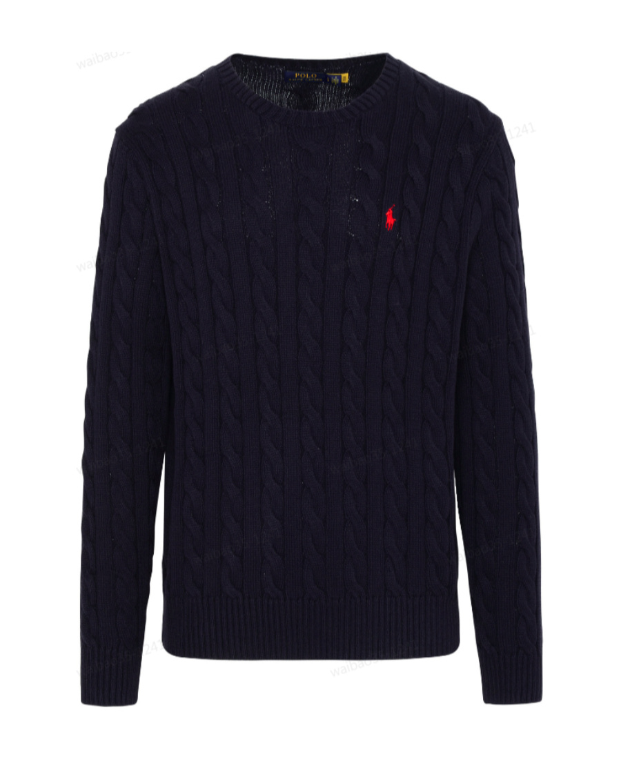Polo Ralph Lauren Man Navy Blue Brided Cotton Sweater With Red Pony In Black