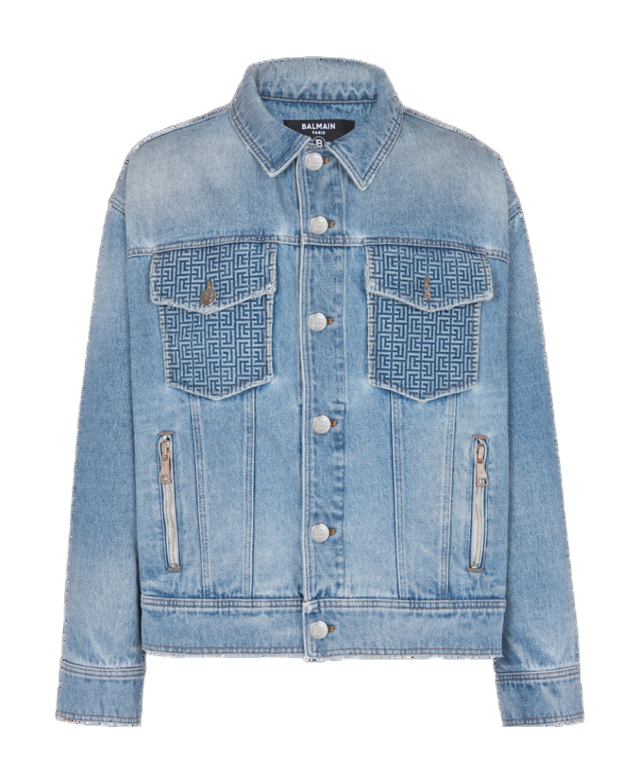 Shop Balmain Denim Jacket With Logo In Blue