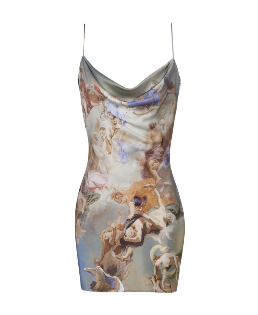 BALMAIN SKY PRINTED SATIN BABYDOLL DRESS