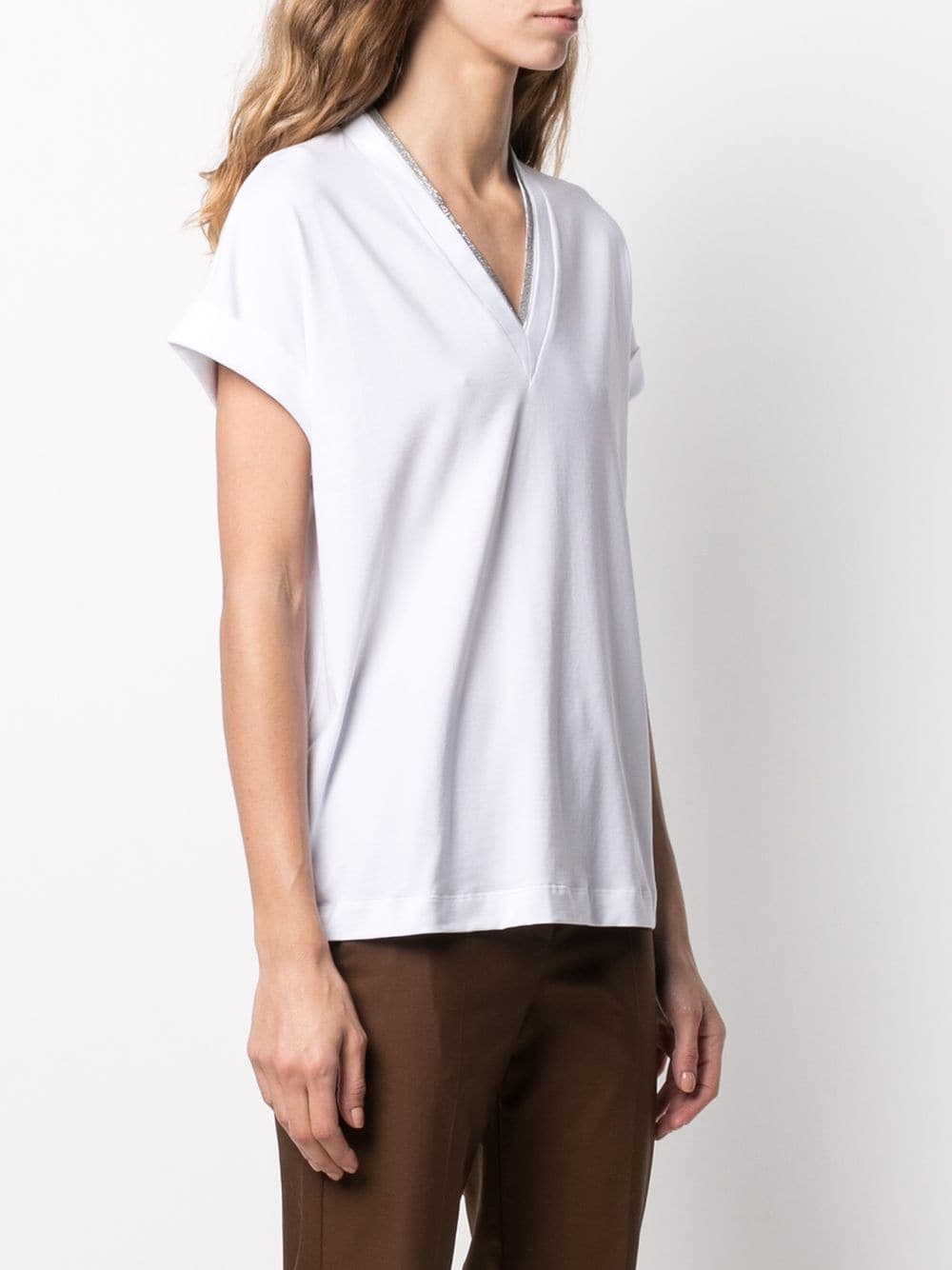 Brunello Cucinelli Monili V-neck Short-sleeve Cotton Jersey T-shirt In White
