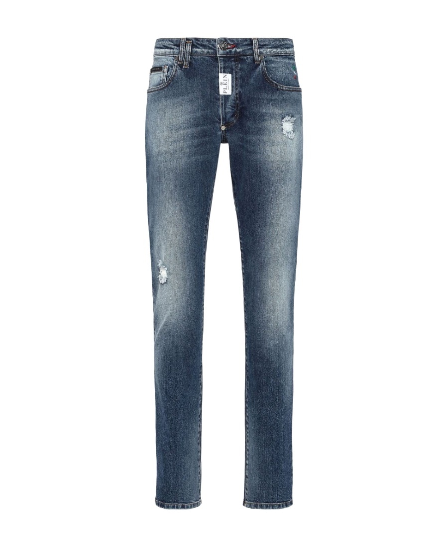Philipp Plein Logo Patch Straight-cut Jeans In Blue