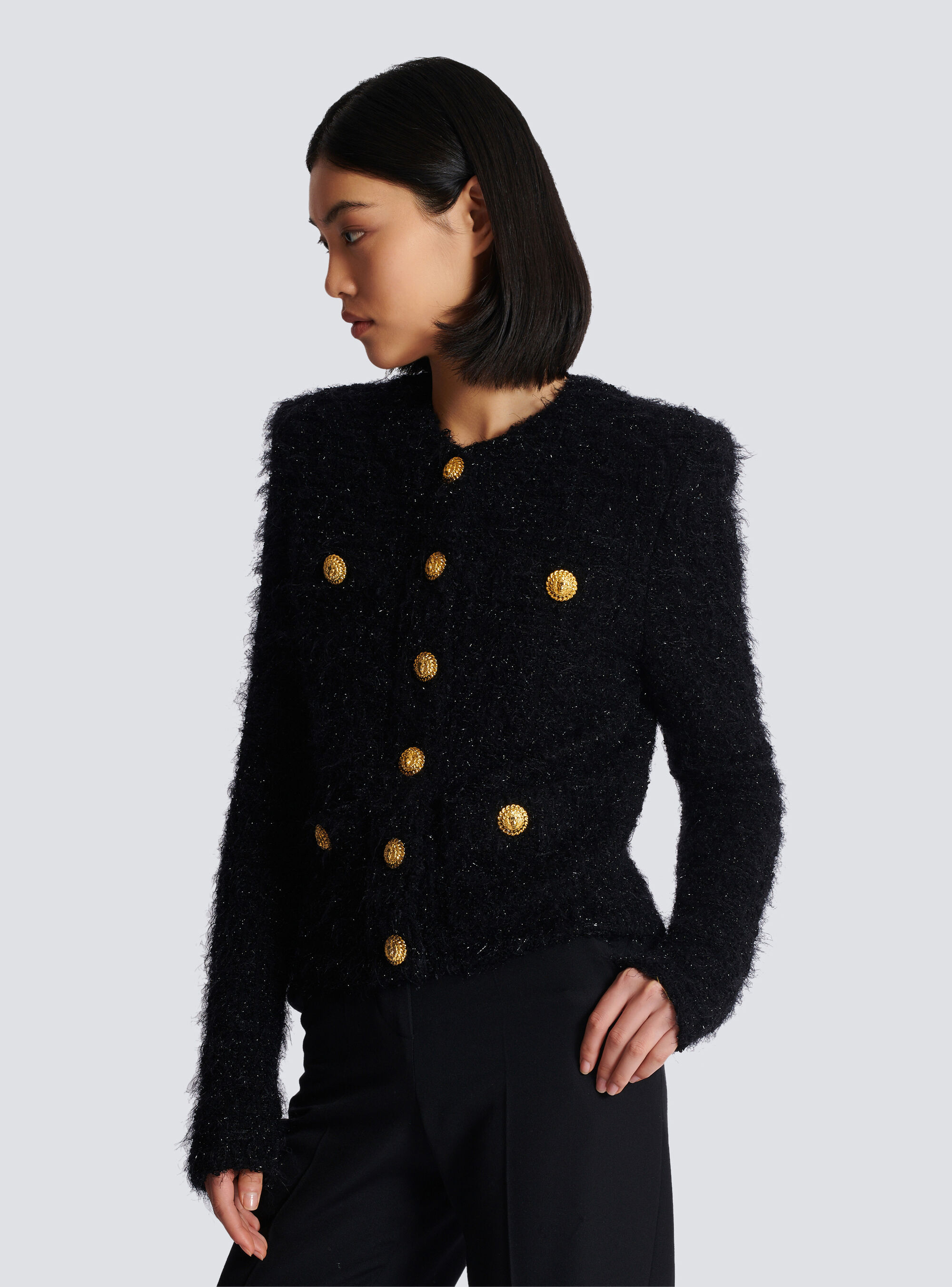 Balmain Collarless Four-pocket Tweed Jacket In Black