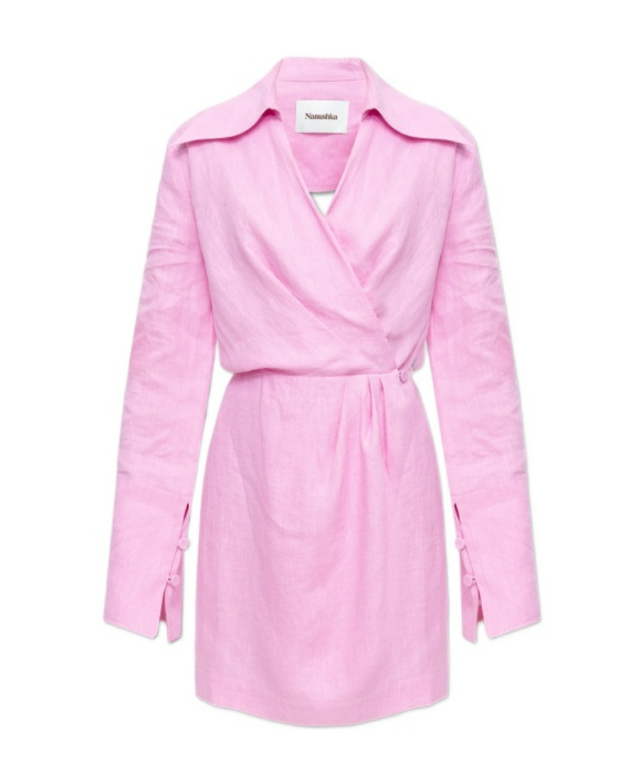 Nanushka ‘esma' V-neck Bell Sleeve Open Back Mini Wrap Dress In Pink