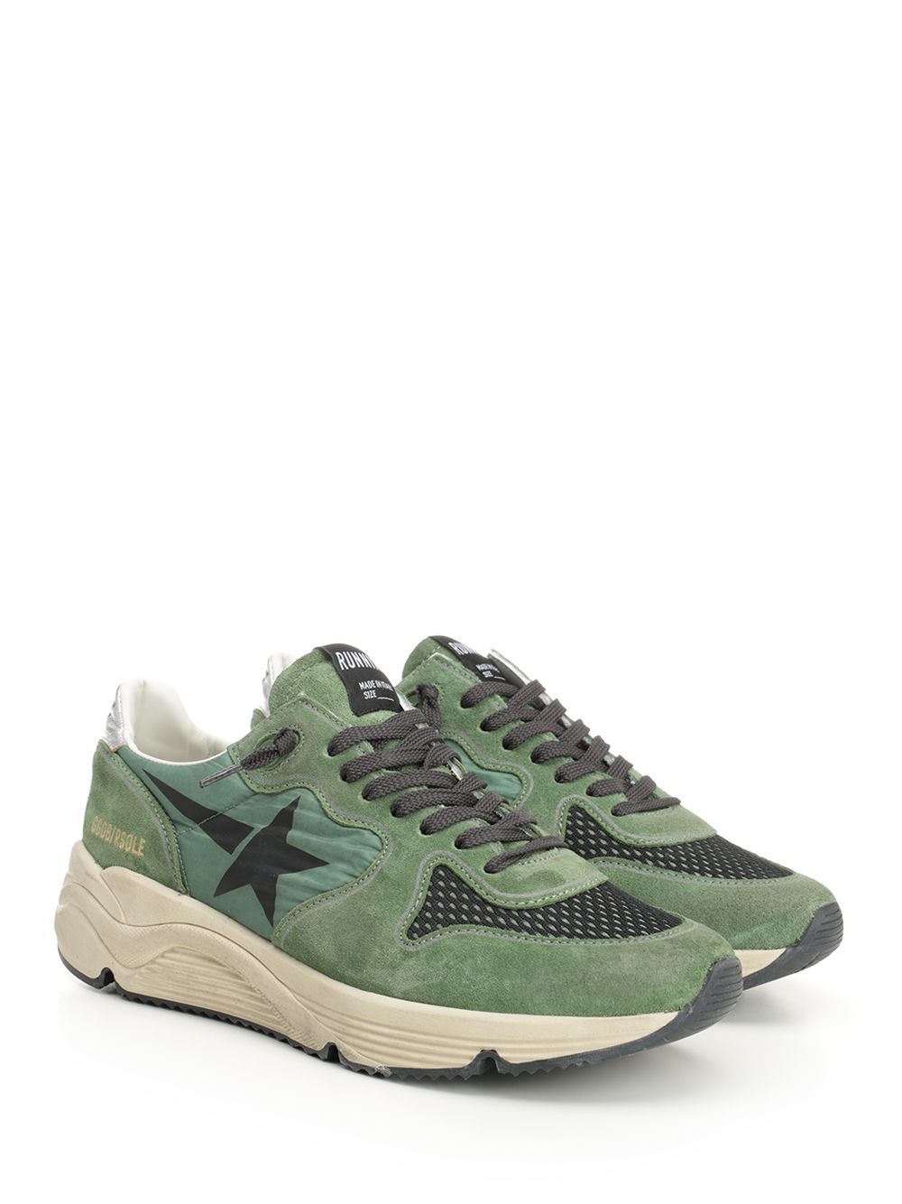 Golden Goose Running Sole Nylon And Net Upper Suede Toe And Spur Printed Star Nappa Heel Sneakers Green In Green