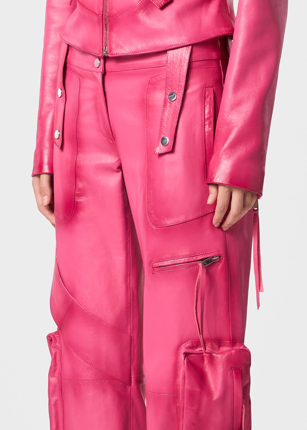 Blumarine Slim-cut Leather Cargo Trousers In Pink