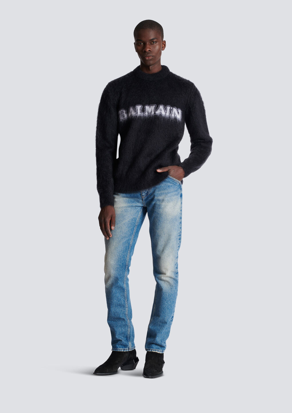 Balmain Black Crewneck Sweater With Maxi Logo Lettering On The Front And Brushed Effect In Wool Blen In Black