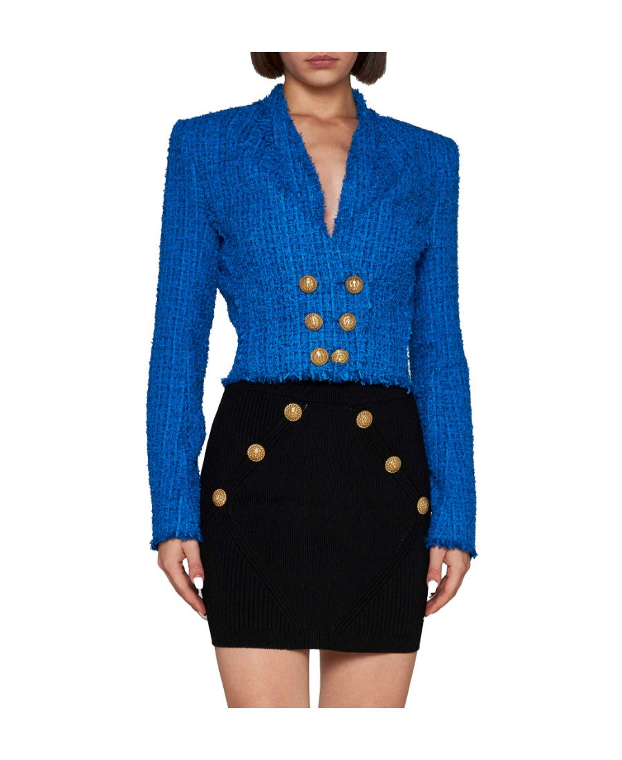 Balmain Collarless Tweed Double-breasted Crop Jacket In Blue