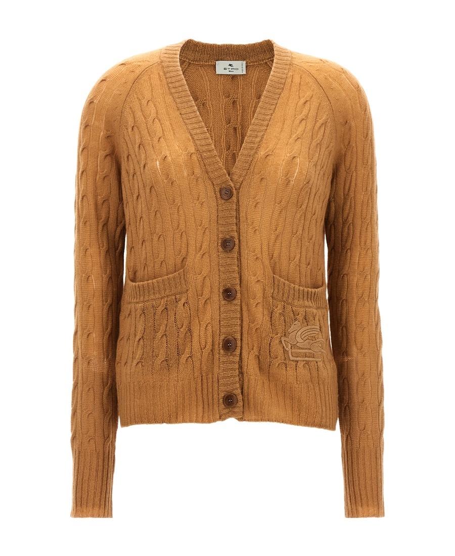 Etro Cable Knit V-neck Cardigan Pockets In Orange