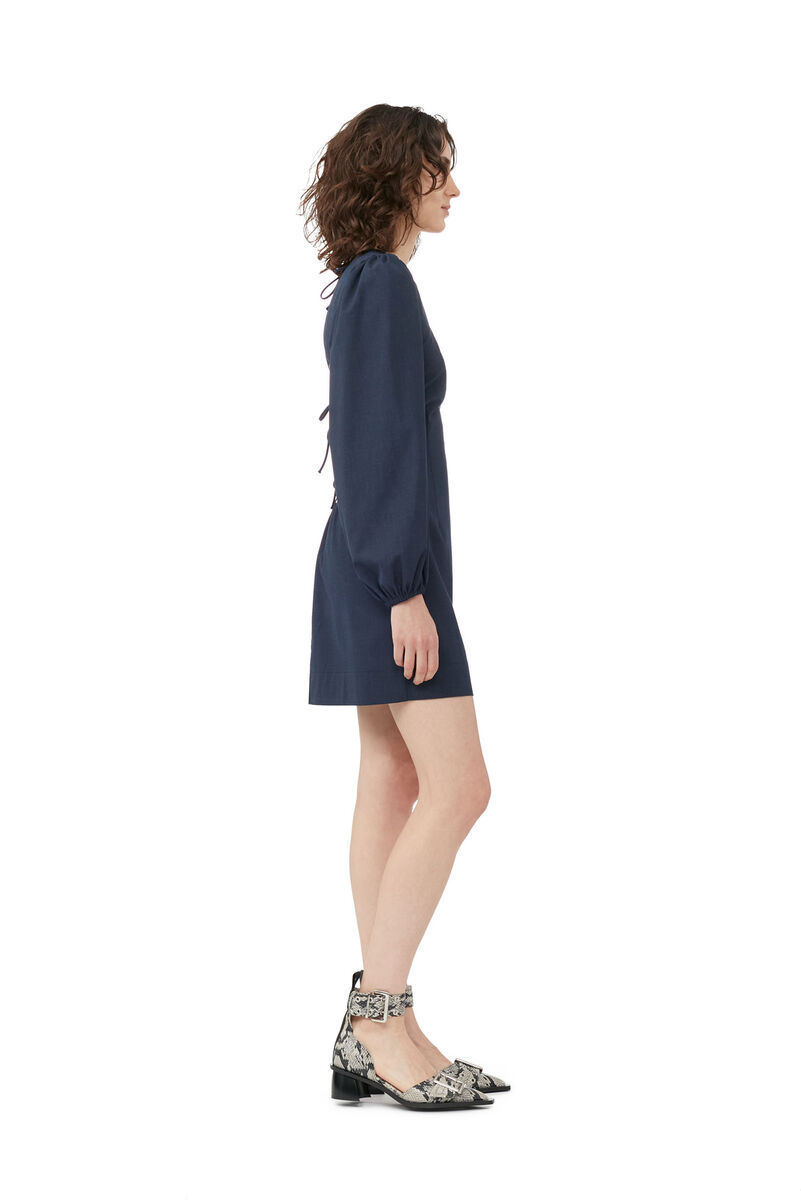 Ganni Long-sleeved Open-back Minidress In Dark Blue