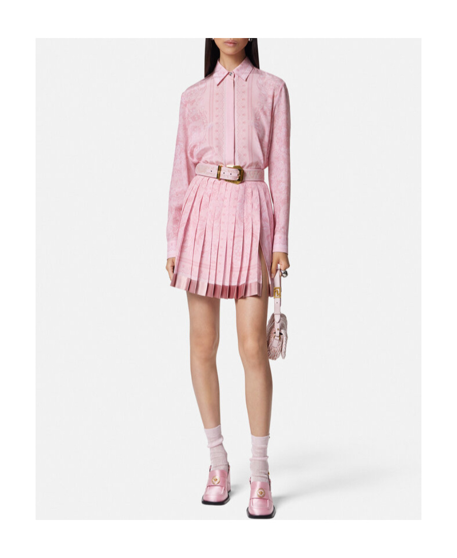 Versace Pleated Satin-trimmed Floral-print Crepe De Chine Mini Skirt In Pink