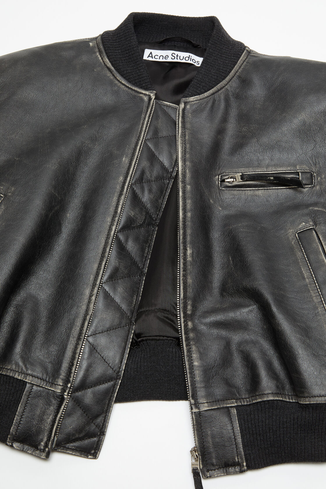 Acne Studios Aged Leather Bomber Jacket With Distressed Treatment In Black