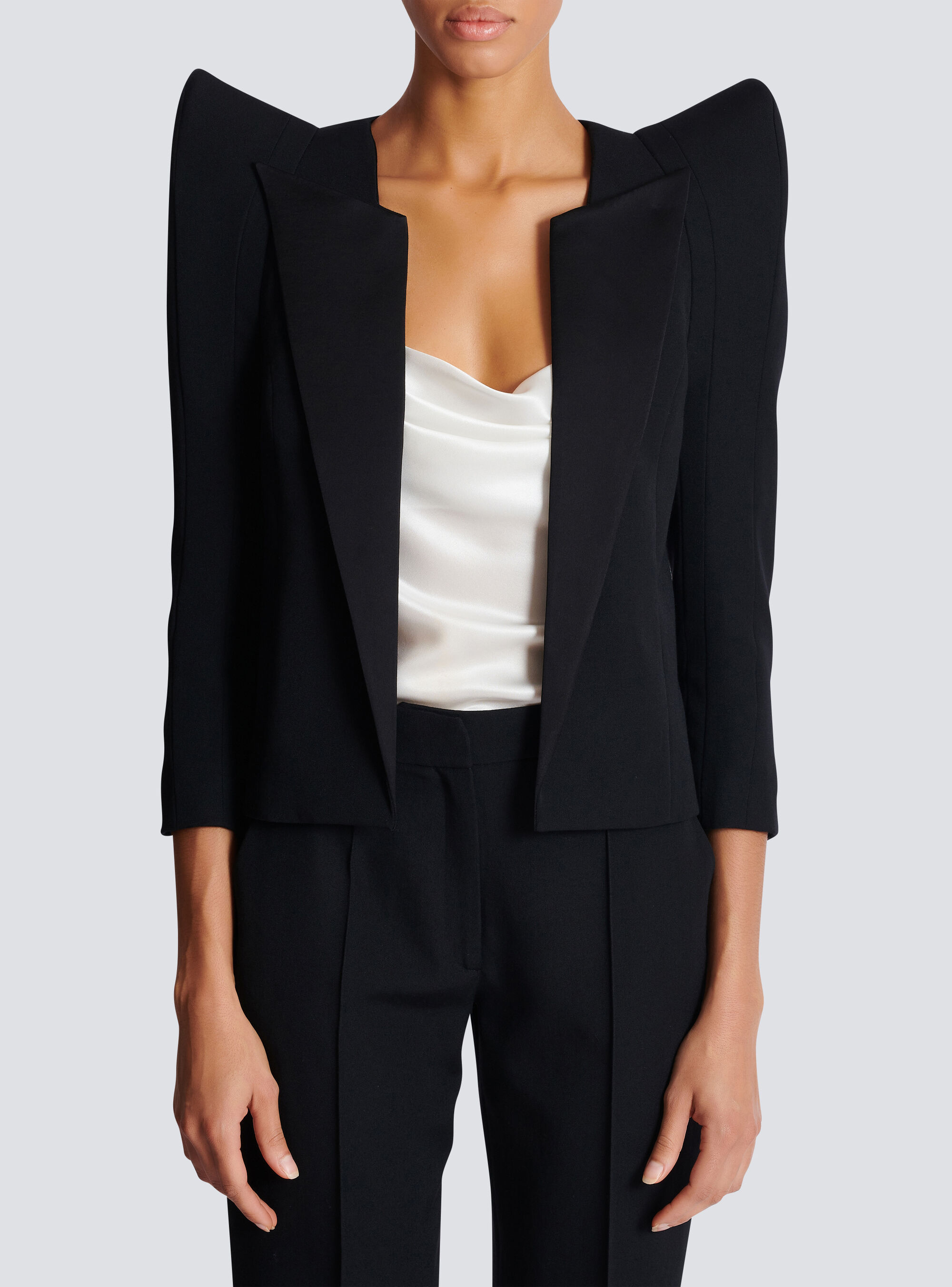 Shop Balmain Cropped Grain De Poudre Jacket With Structured Shoulders In Black