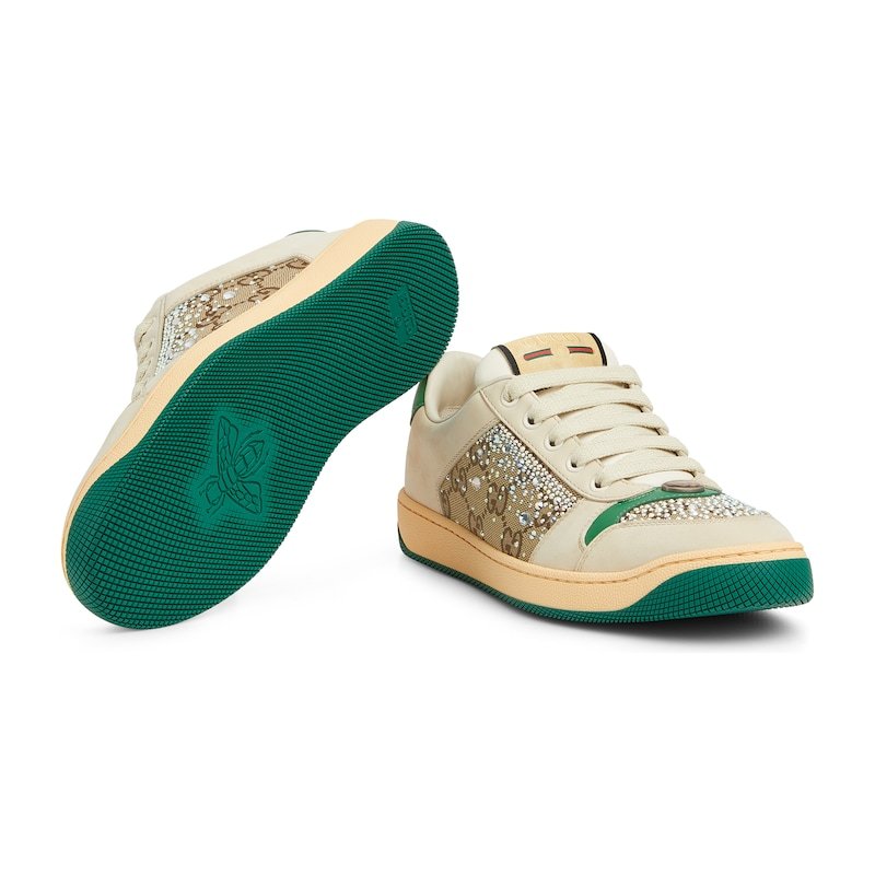 Gucci Gg Supreme Sneakers With Crystal Embellishments And Contrasting Rubber Sole In Nude