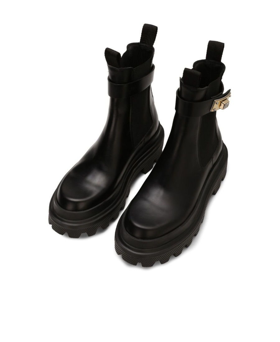 Dolce & Gabbana Calfskin Ankle Boots With Branded Strap In Black