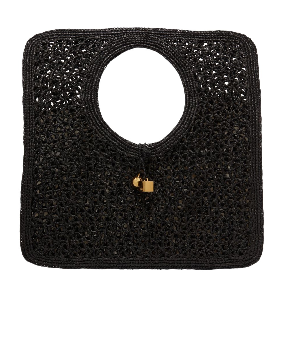 Jacquemus Carre Spiaggia Embellished Braided Raffia Tote In Black