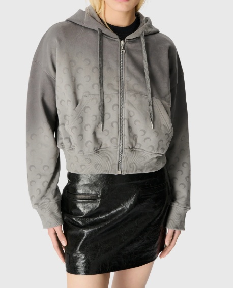 Marine Serre Moon Fleece Cropped Zipped Hoodie Woman Grey In Gray