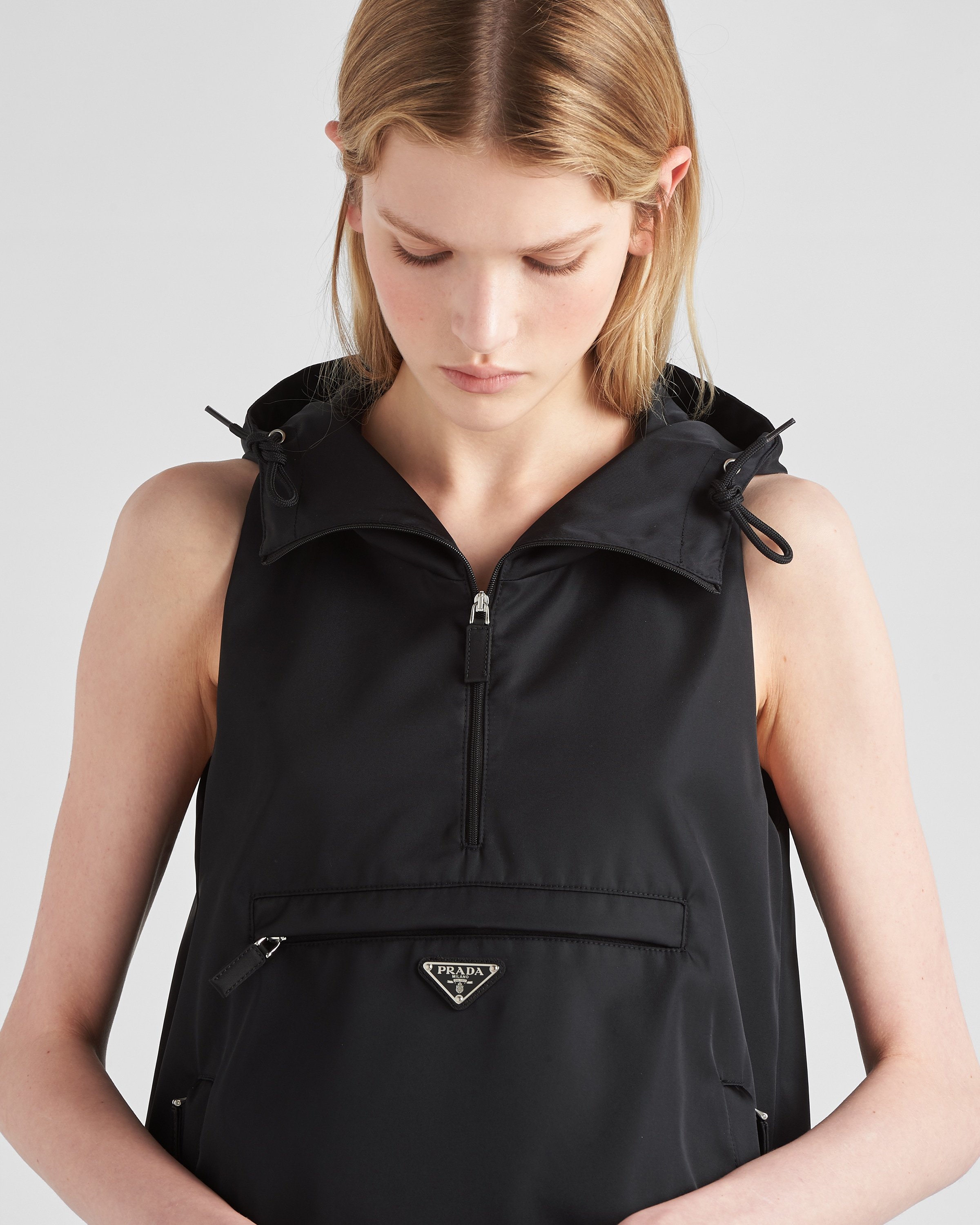 Prada Triangle Logo Hooded Minidress In Black