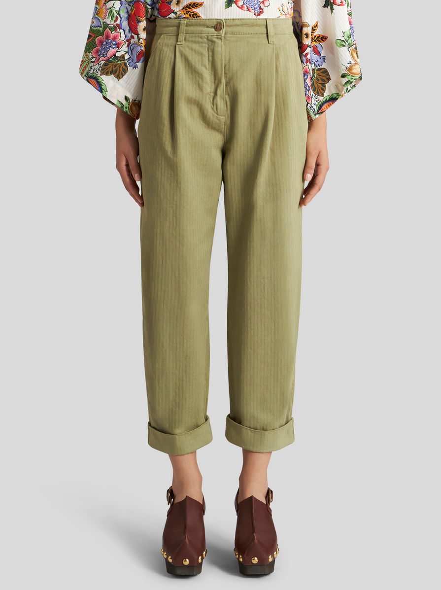 Etro Wide Leg Belted Trousers With Back Pockets In Green