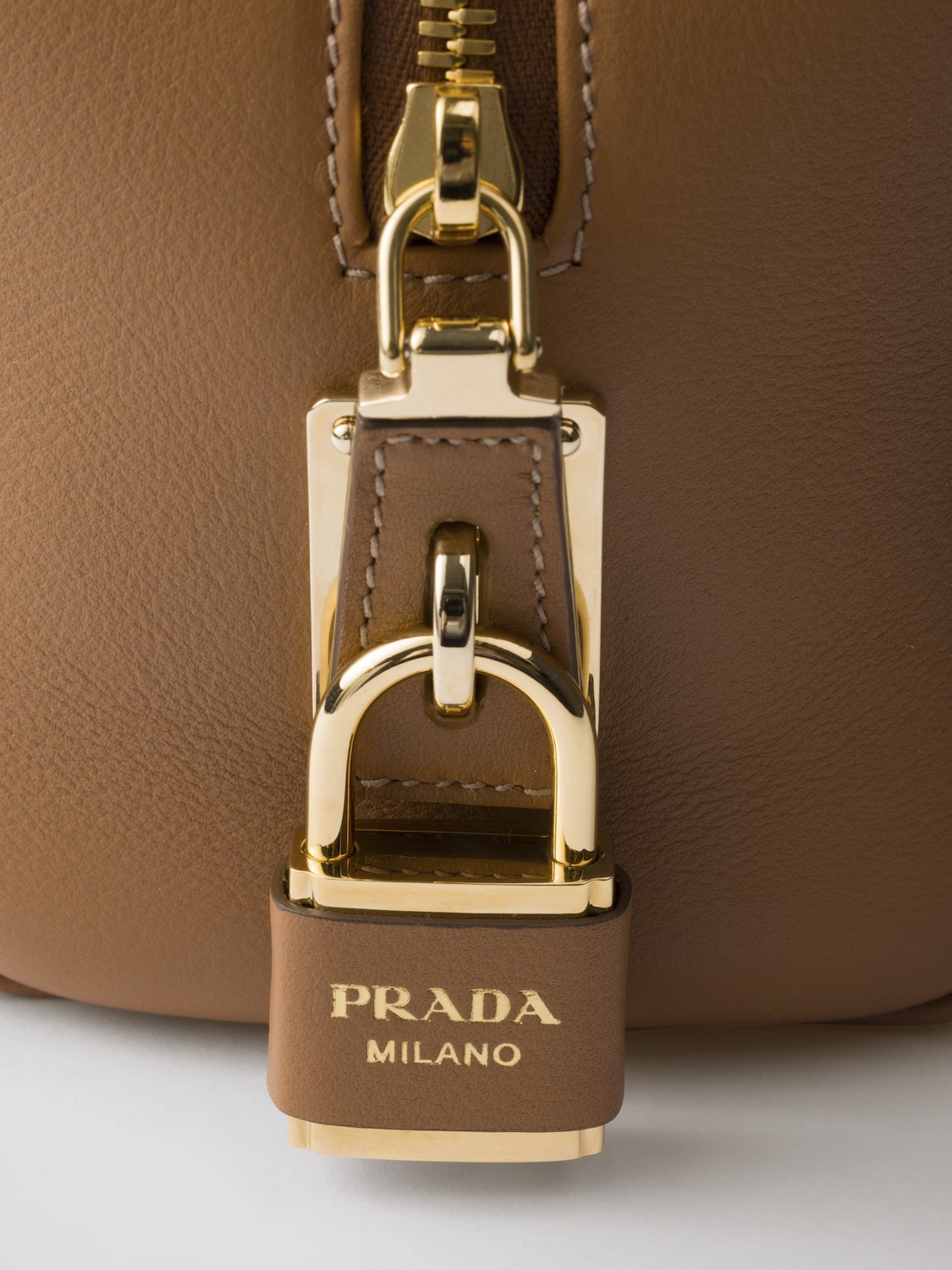 Prada Re-nylon And Leather Medium Top-handle Bag With Padlock In Brown