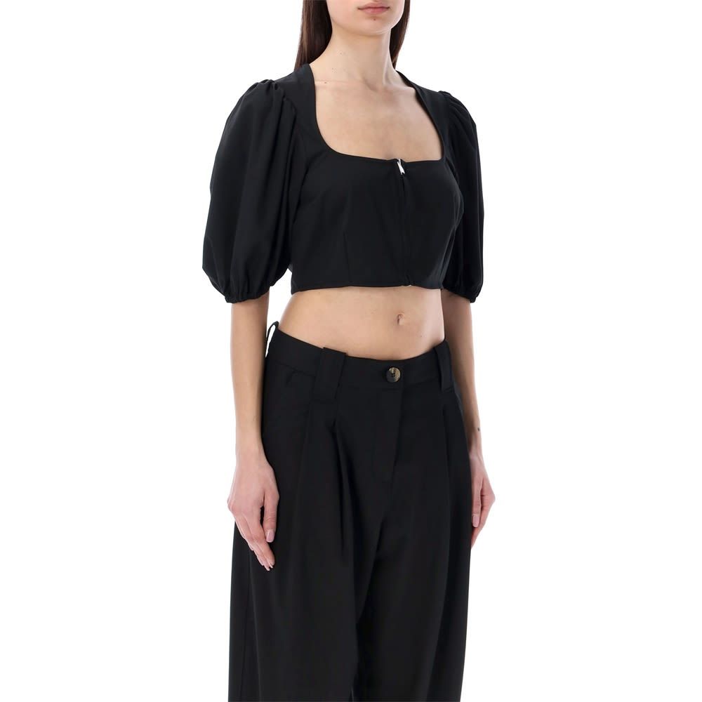 Shop Ganni Drapey Melange Zipper Blouse In Black