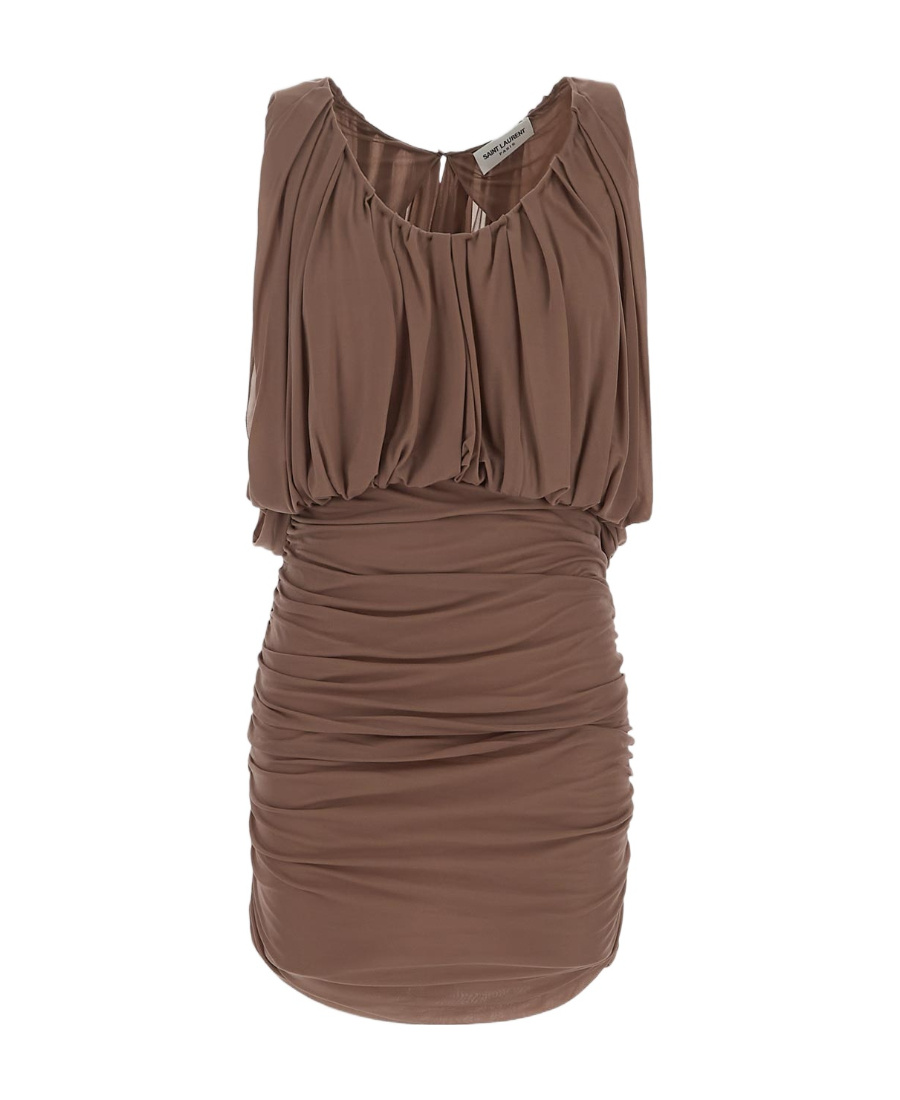 Saint Laurent Sleeveless Draped Mini Dress In Brown