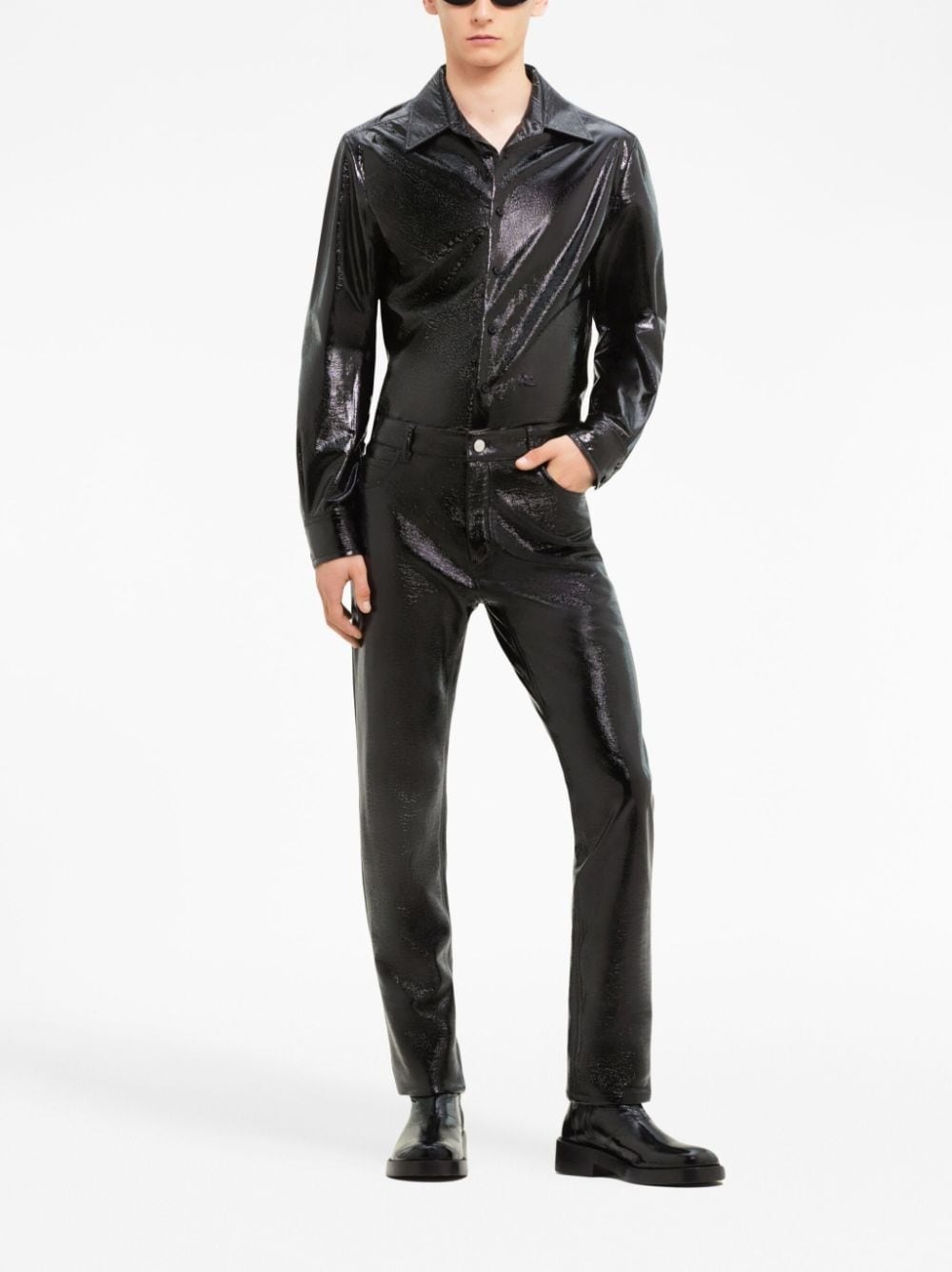 Shop Courrèges Faux-leather Button-up Shirt In Black