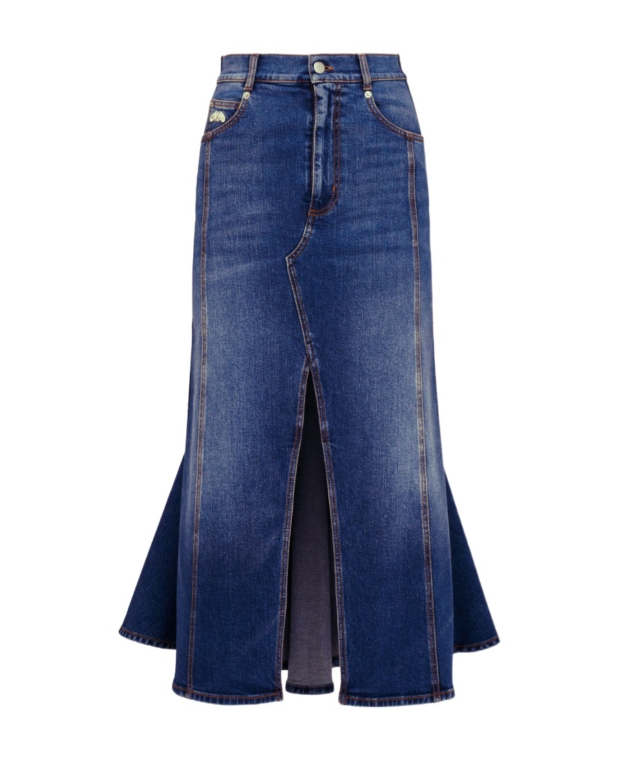 Alexander Mcqueen Washed Denim Midi Skirt In Blue