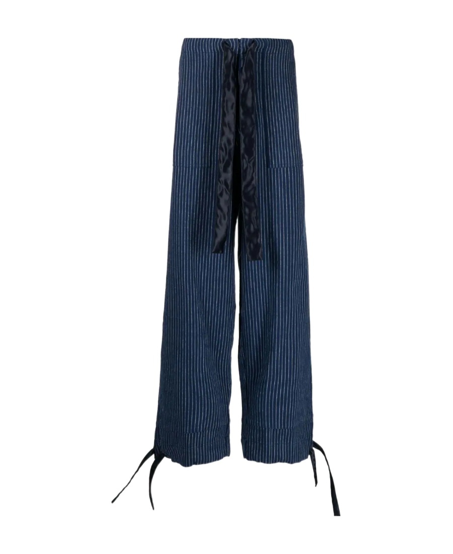 Greg Lauren Striped Drawstring Straight Trousers In Blue