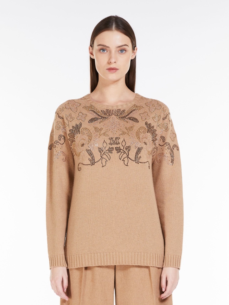 Max Mara Water Drill Decorated Wool And Cashmere Sweaters In Brown