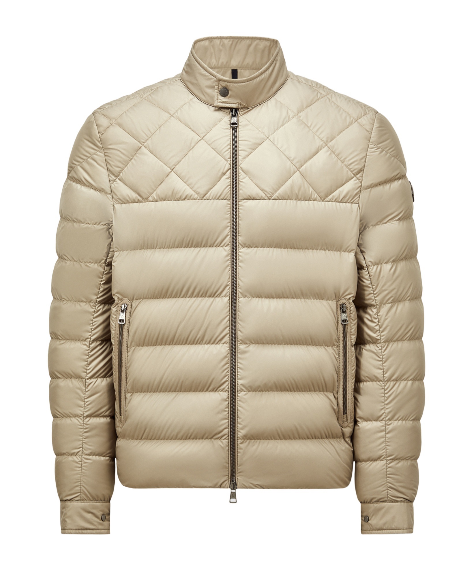 Moncler Tuile Leather-trimmed Down Biker Jacket In Nude