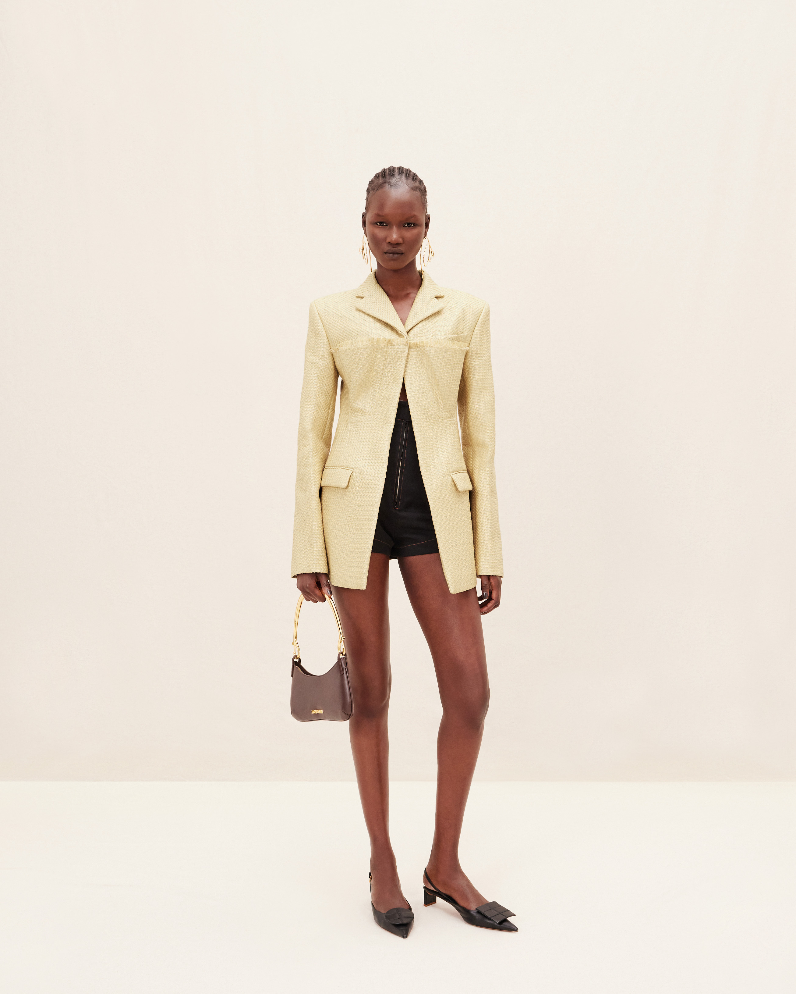 Jacquemus Palha Embellished Frayed Woven Canvas Blazer In Nude