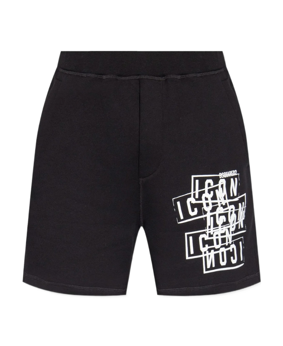Dsquared2 Black Bermuda Shorts With Icon Logo Print In Cotton Man In Black