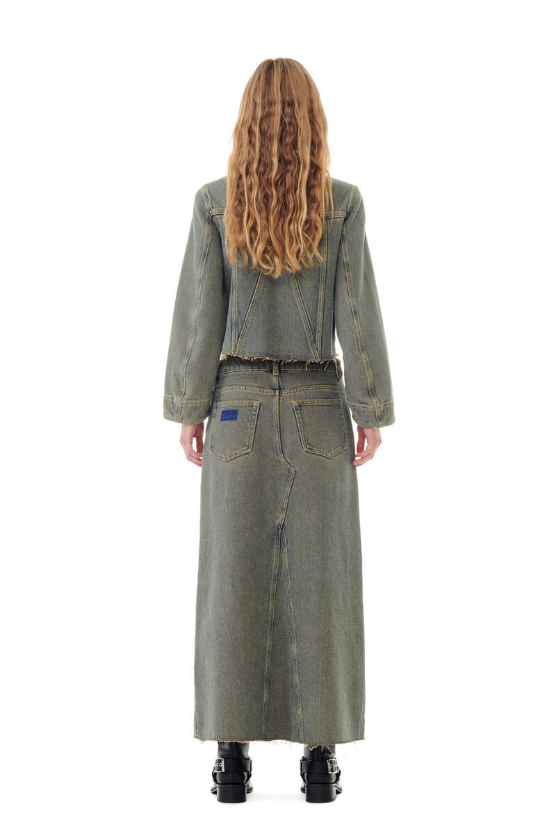 Ganni Maxi Grey Skirts With Slit At The Front In Denim Woman In Green