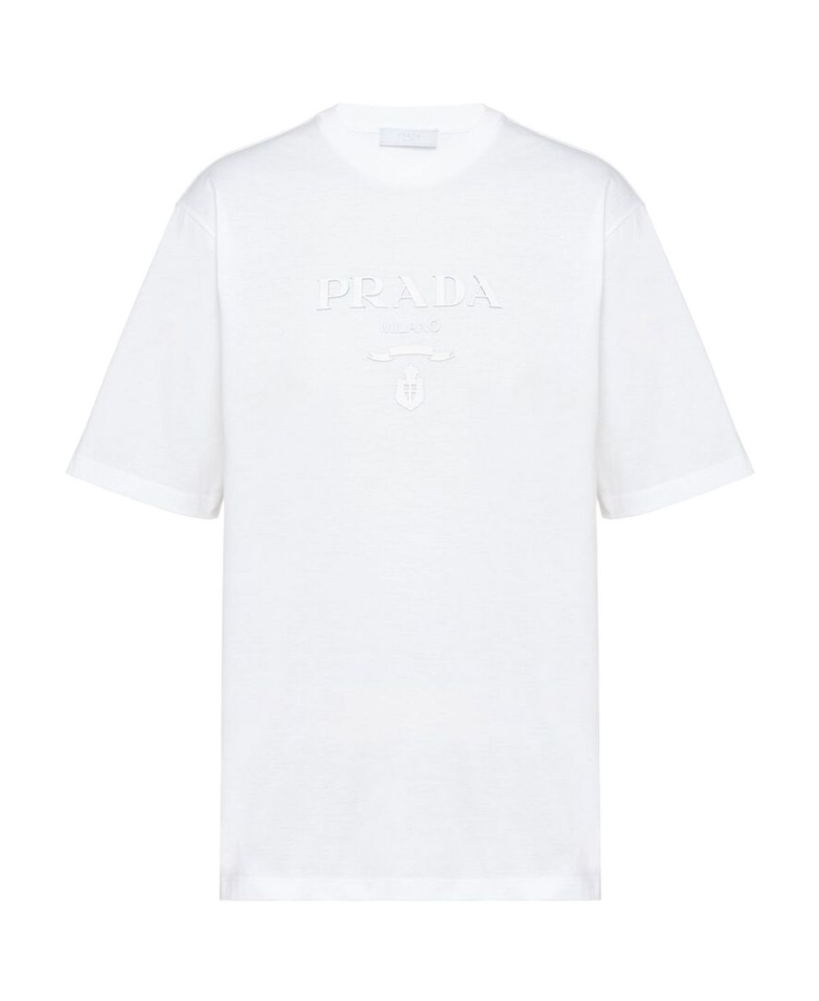 Prada Logo-embroidered Crew-neck T-shirt In White