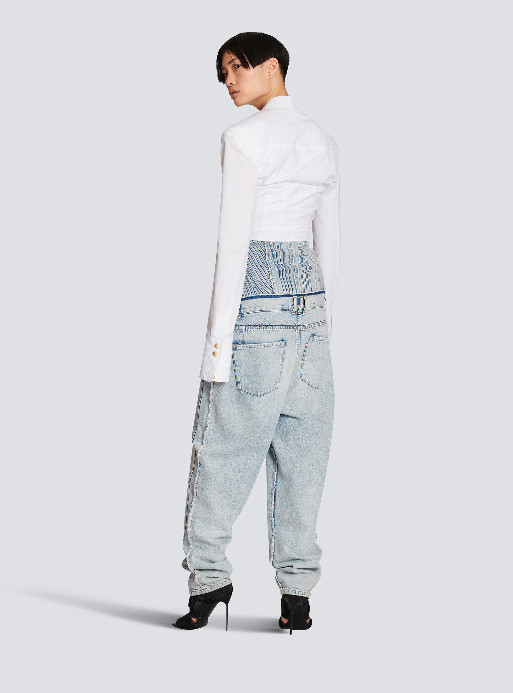 Balmain White Cotton Poplin Cropped Shirt In White