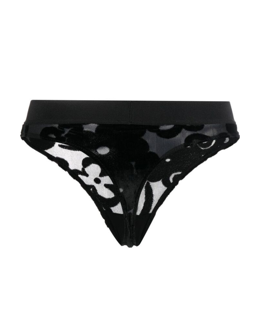 Tom Ford Floral-print Logo-waist Thong In Black