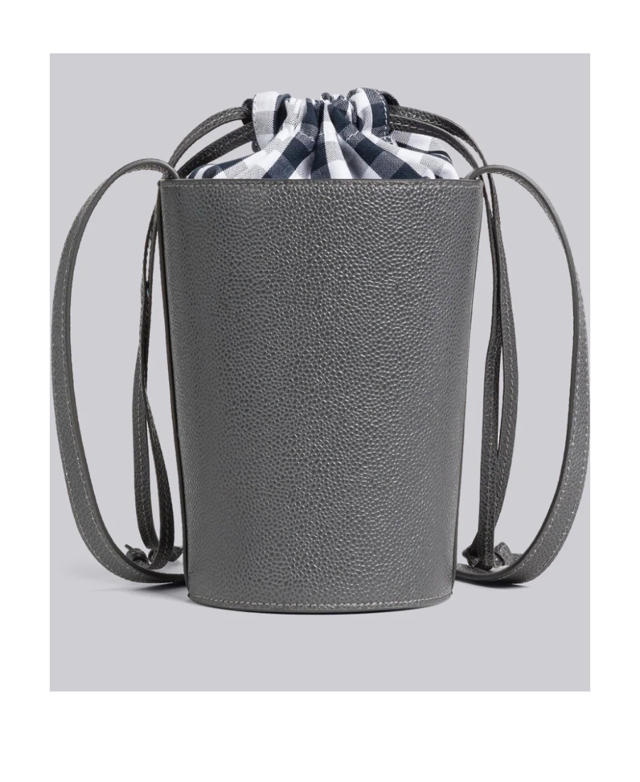 Shop Thom Browne Mini Drawstring-top Leather Bucket Bag In Gray