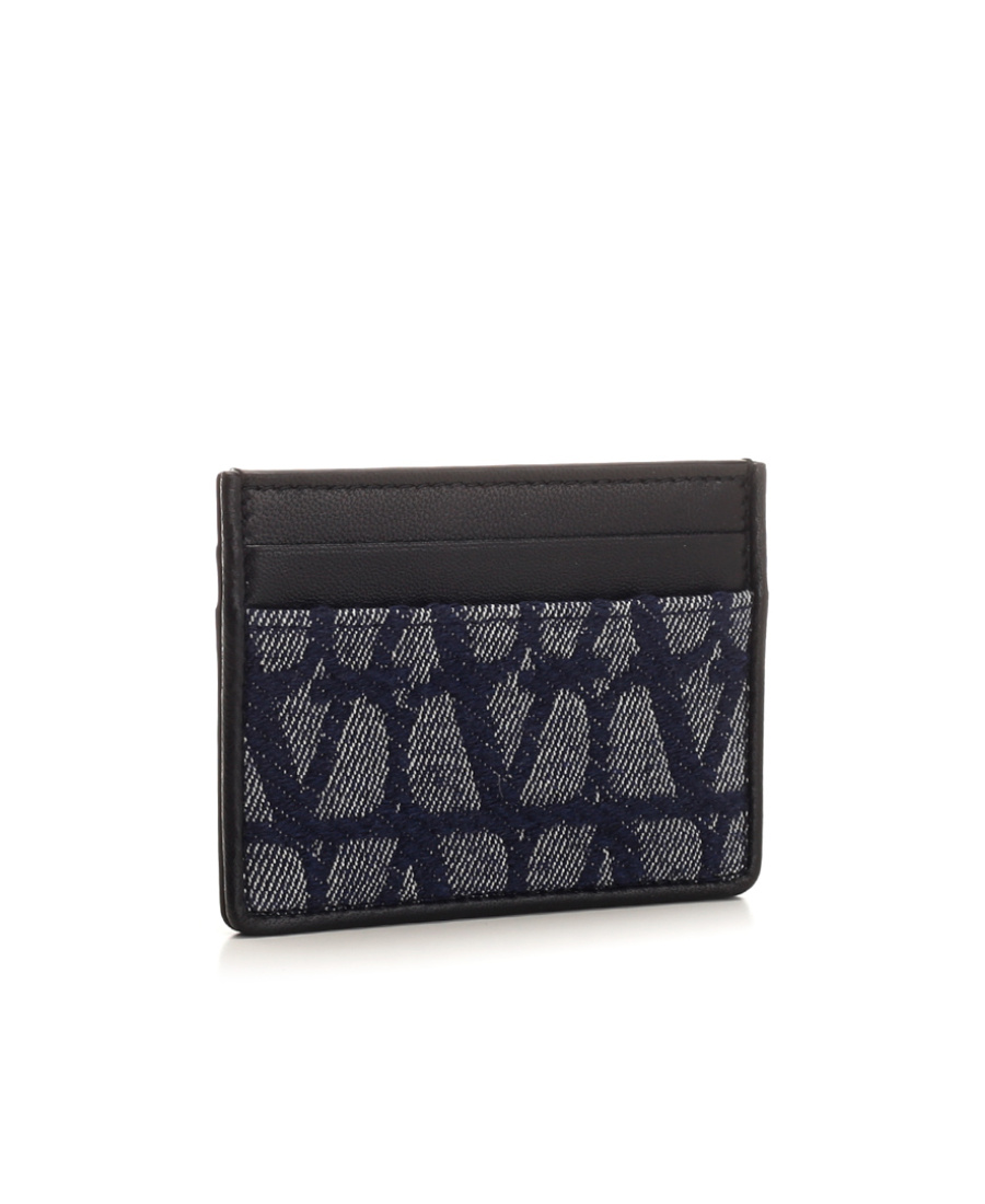 Valentino Toile Iconographe Denim-effect Jacquard Fabric Card Holder With Leather Details In Black