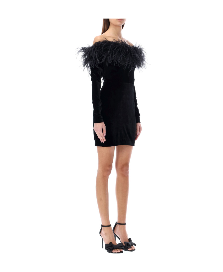 Alessandra Rich Feathered Off-the-shoulder Velvet Dress In Black