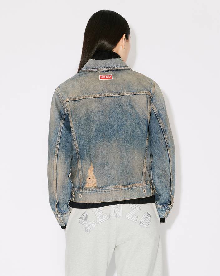 Kenzo Denim Ripped Jacket With Peter Pan Collar In Blue