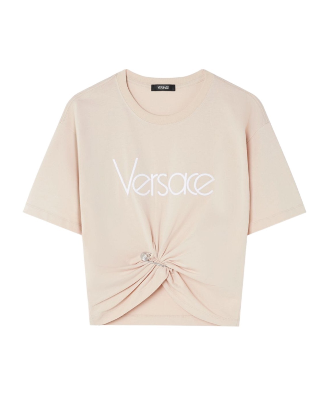 Versace Cropped T-shirt With Twist Detail And Safety Pin Logo In Nude
