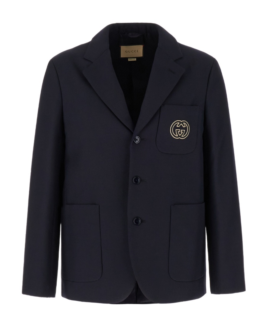 Gucci Wool Blend 3-button Blazer With Embroidered Logo In Blue